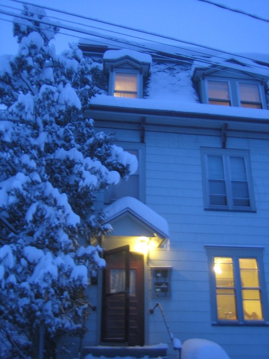 our building on a snowy evening in Montpelier