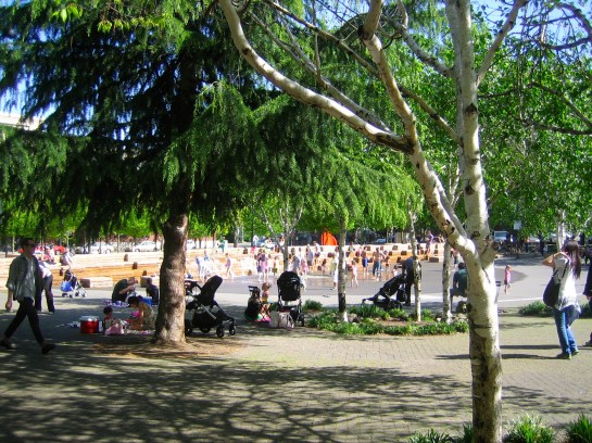 kid-friendly waterfall/pond at Jamison Square